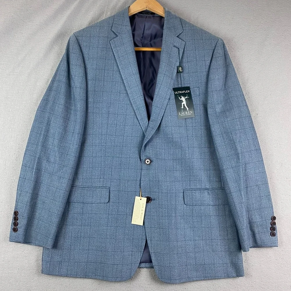 LRL Ralph Lauren Sport Coat Mens 44L Long Wool silk Plaid Blazer $295 NEW